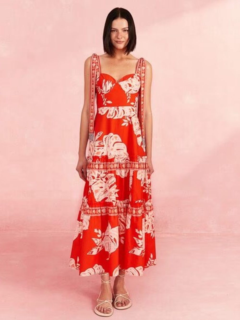 FARM Rio Red Lace Monsteras Midi Dress size L Large NWT